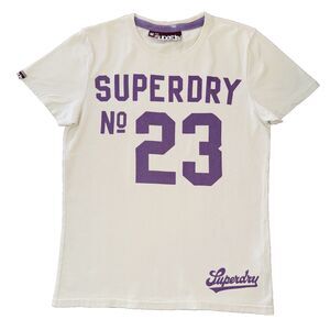 Superdry Y2K Graphic T Shirt Cream Purple Logo Cotton Crewneck Casual Tee M